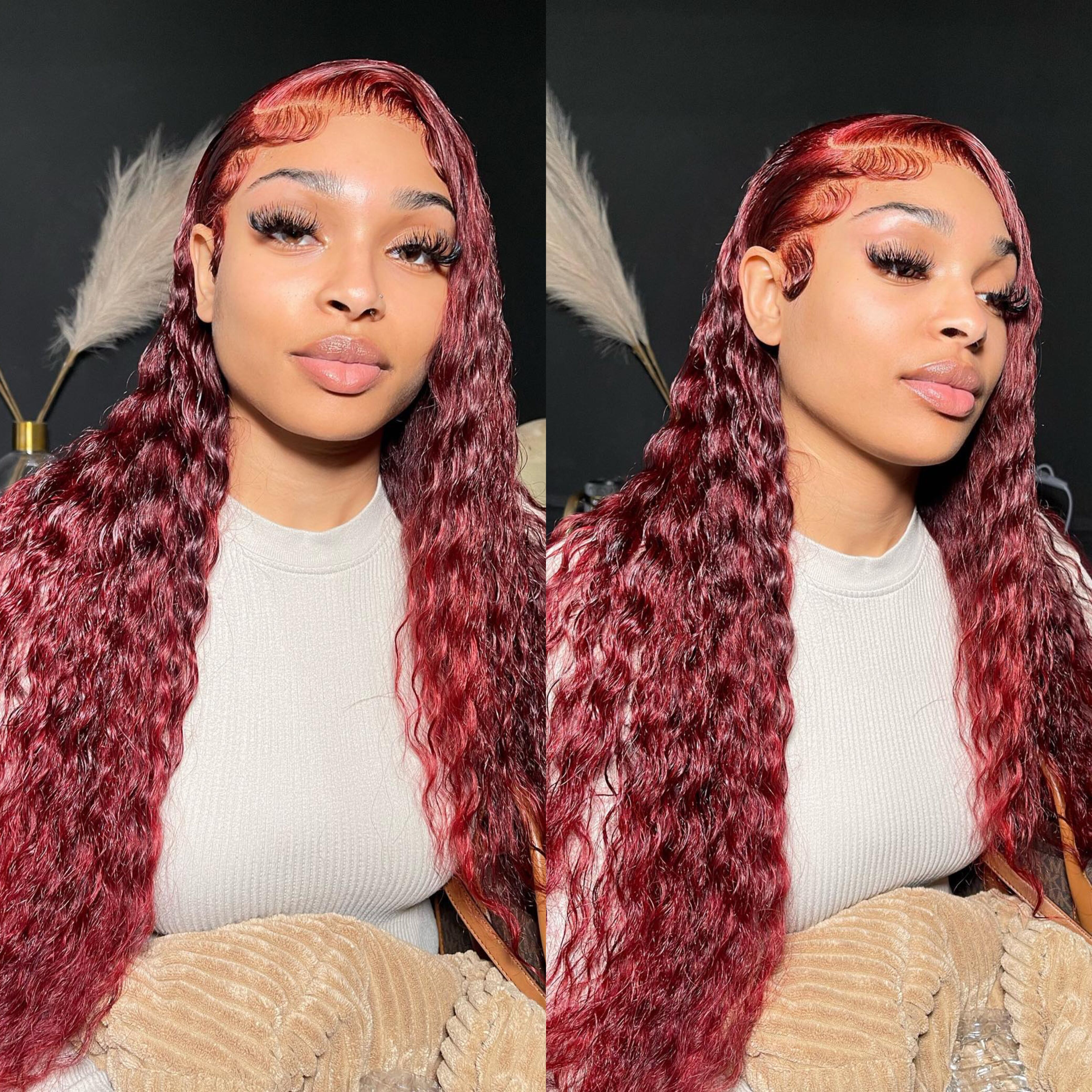 Stema #99j Red Burgundy Deep Wave 13x4 Transparent Lace Front Wig